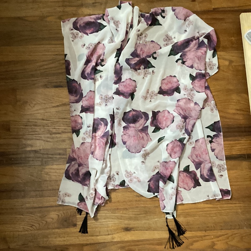 Purple floral duster with fringe